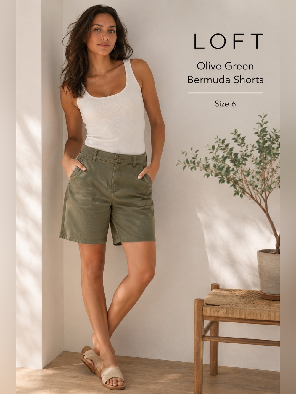 LOFT Olive Green Bermuda Shorts Size 6 Mid Rise Khaki Summer Casual Classic